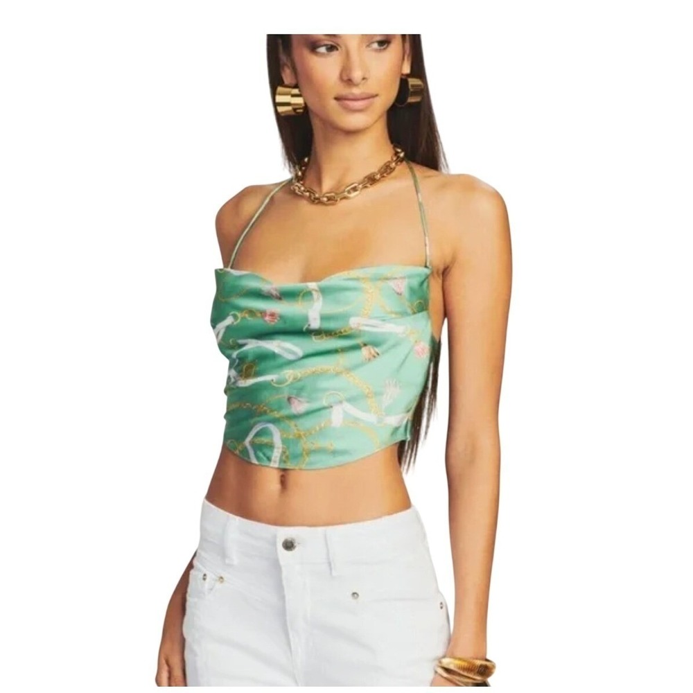 SER.O.YA Ellison Nautical Print Silk Crop Top Green Halter Cowl Neck Sleeveless - Picture 2 of 8